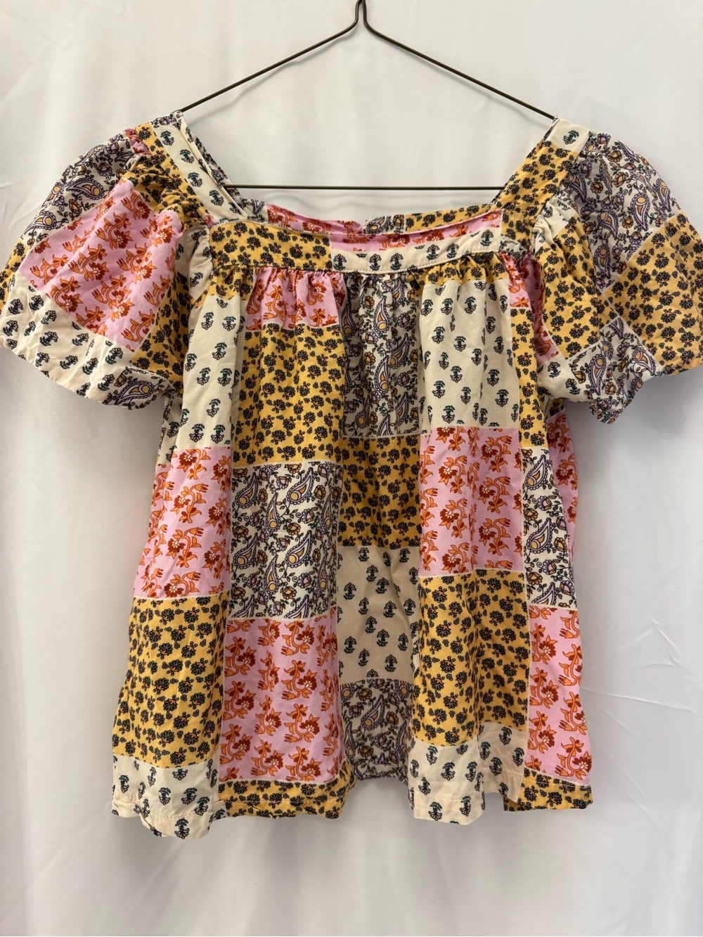 Derek Heart Patchwork Off-Shoulder Blouse - Pink, Mustard & Cream
